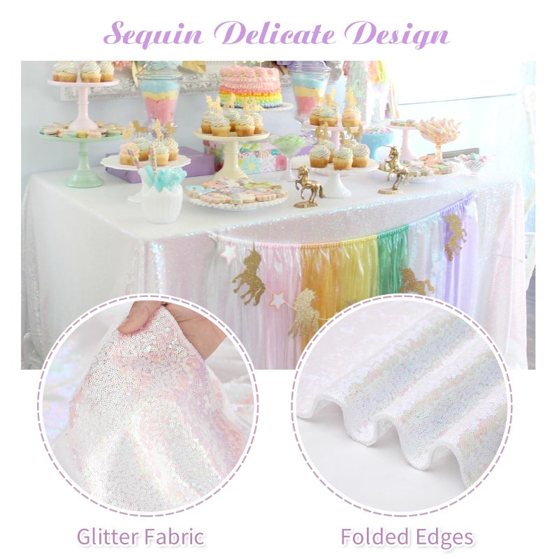 Fanqisi 50x102 Inches Sequin Tablecloth Sparkle Iridescent Rectangle Table Cloth for Wedding Birthday Party Sequin Overlay Table Decoration White - Image 2